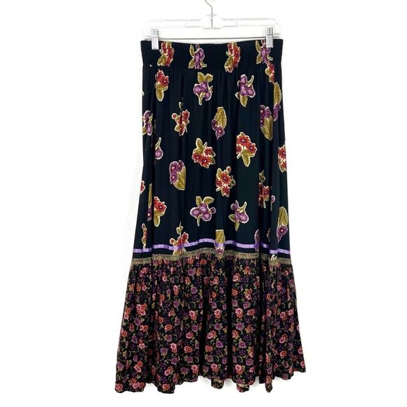Vintage 80s 90s Maxi Skirt Floral Ruffle Elastic Waist Prairie Cottage Chic - Picture 5 of 9
